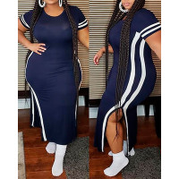 Plus Size Striped Print Maxi Slit Dress - dark blue