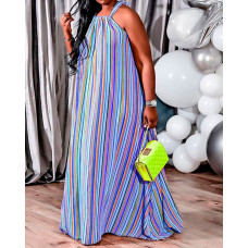 Plus Size Striped Print Tied Detail Maxi Swing Dress - blue