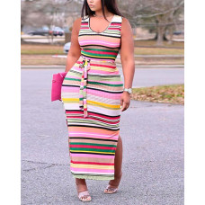 Plus Size Striped Tied Detail Slit Maxi Dress - pink