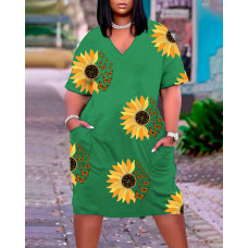 Plus Size Sunflower Butterfly Print Casual Dress - green