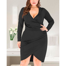 Plus Size Surplice Neck Long Sleeve Bodycon Dress - black