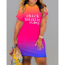 Plus Size Thick Auntie Vibes Print Ombre Casual Tee Dress - Multicolor