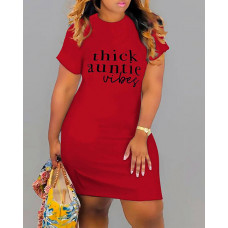 Plus Size Thick & Untie Vibes Print Casual Tee Dress - red