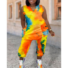 Plus Size Tie Dye Pocket Design Jumpsuit - Multicolor