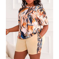 Plus Size Tie Dye Print Casual Top & Shorts Set - Apricot