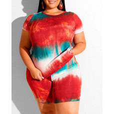 Plus Size Tie Dye Print Casual Top & Shorts Set - red