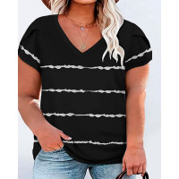 Plus Size Tie Dye Print Petal Sleeve V-Neck T-Shirt - black