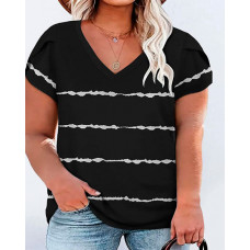 Plus Size Tie Dye Print Petal Sleeve V-Neck T-Shirt - black