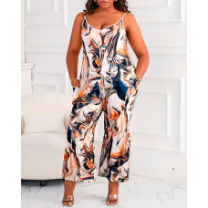 Plus Size Tie Dye Print Pocket Design Cami Jumpsuit - Apricot