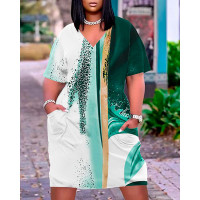 Plus Size Tie Dye Print Pocket Design Casual Dress - green