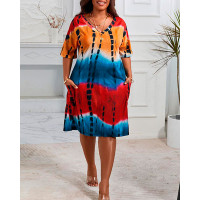 Plus Size Tie Dye Print Pocket Detail Casual Dress - blue