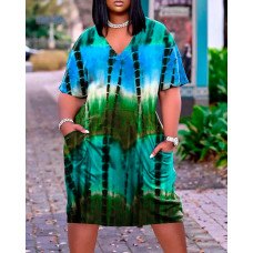 Plus Size Tie Dye Print Pocket Detail Casual Dress - green