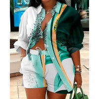 Plus Size Tie Dye Print Shirt & Drawstring Shorts Set - green