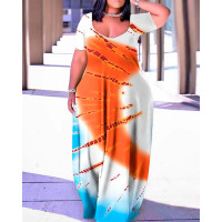 Plus Size Tie Dye Print Short Sleeve Maxi Dress - white