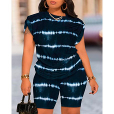 Plus Size Tie Dye Print Short Sleeve Top & Shorts Set - dark blue