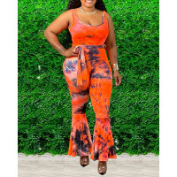 Plus Size Tie Dye Print Sleeveless Flared Leg Jumpsuit - orange