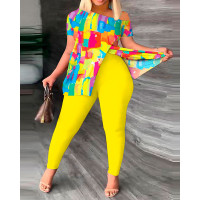 Plus Size Tie Dye Print Split Hem Top & Pants Set - yellow