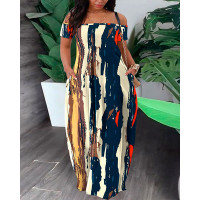 Plus Size Tie Dye Print Striped Off Shoulder Maxi Dress - Multicolor