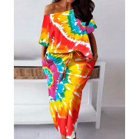 Plus Size Tie Dye Print Top & Drawstring Skirt Set - Multicolor