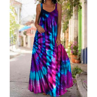 Plus Size Tie Dye Print V-Neck Thick Strap Maxi Dress - purple