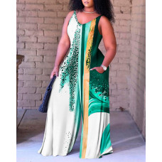 Plus Size Tie Dye Print Wide Leg Jumpsuit - green