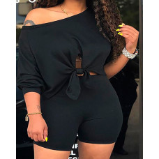 Plus Size Tied Detail Crop Top & Shorts Set - black