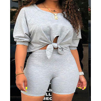 Plus Size Tied Detail Crop Top & Shorts Set - gray