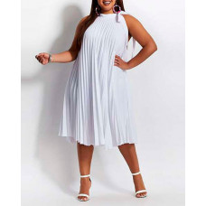 Plus Size Tied Detail Sleeveless Pleated Casual Dress - white