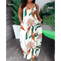 Plus Size Tropical Print Pocket Design Maxi Dress - white