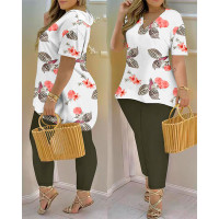 Plus Size Tropical Print Short Sleeve Top & Pants Set - green