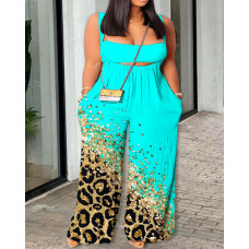 Plus Size Tube Crop Top & Contrast Leopard Print Suspender Jumpsuit Set - blue