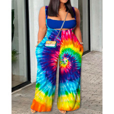 Plus Size Tube Top & Tie Dye Print Wide Leg Suspender Jumpsuit Set - Multicolor