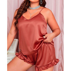 Plus Size V-Neck Spaghetti Strap Ruffle Hem Cami Set - red