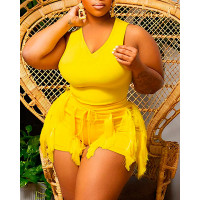 Plus Size V-Neck Tank Top & Drawstring Tassel Design Shorts Set - yellow