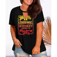 Plus Size Whiskey Sweet As Strawberry Wine Print Cutout Casual T-shirt - black