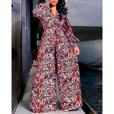 Plus SizeAll Over Print Wide Leg Belted Jumpsuit - orange