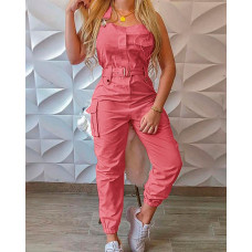 Pocket Buckle Design Cargo Suspender Jumpsuit - pink