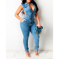 Pocket Button Design Cutout Denim Jumpsuit - blue