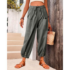 Pocket Button Design Drawstring Casual Pants - Dark grey