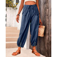 Pocket Button Design Drawstring Casual Pants - purplish blue