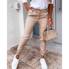 Pocket Button Design High Waist Casual Pants - khaki