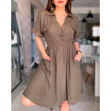 Pocket Button Design Shirred Shirt Dress - Army green