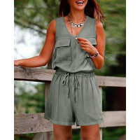 Pocket Decor Drawstring Sleeveless Romper - Army green