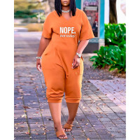 Pocket Decor Letter Print Casual Jumpsuit - orange