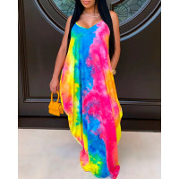 Pocket Decor Tie Dye Print V-Neck Maxi Dress - Multicolor