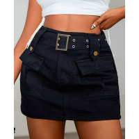 Pocket Design Belted Denim Cargo Skorts - black