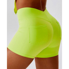 Pocket Design Butt Lifting Active Shorts - green