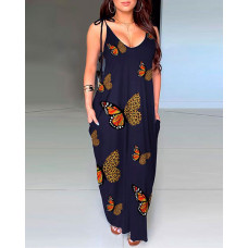 Pocket Design Butterfly Cheetah Print Maxi Dress - purplish blue