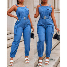 Pocket Design Cargo Suspender Jumpsuit - blue