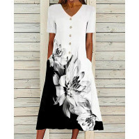 Pocket Design Colorblock Floral Print Casual Dress - white